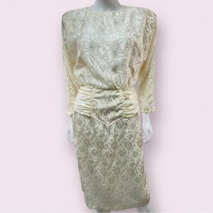 Vintage 80s Dolman Sleeve Dress with V-Shaped Yoke, White Silky floral Jacquard